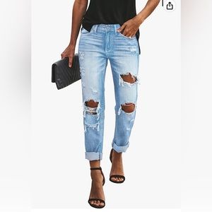 KUNMI Women's Ripped Mid Waisted Boyfriend Jeans Loose Fit Distressed Jeans - XL